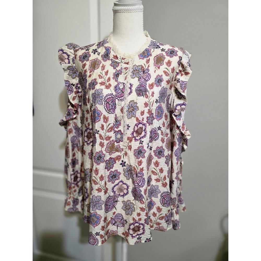 The Pioneer Woman Floral Ruffle Sleeve Blouse Womens L Multi Color Boho Cottage